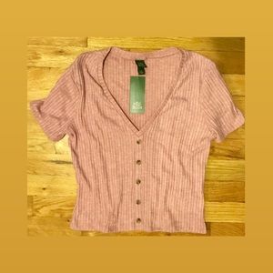 Short Sleeve Boxy Cropped Button V-Neck Top